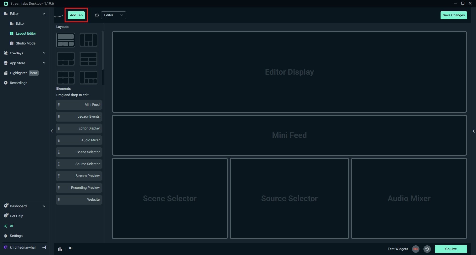 Add Tab highlighted in Streamlabs Desktop Layout Editor